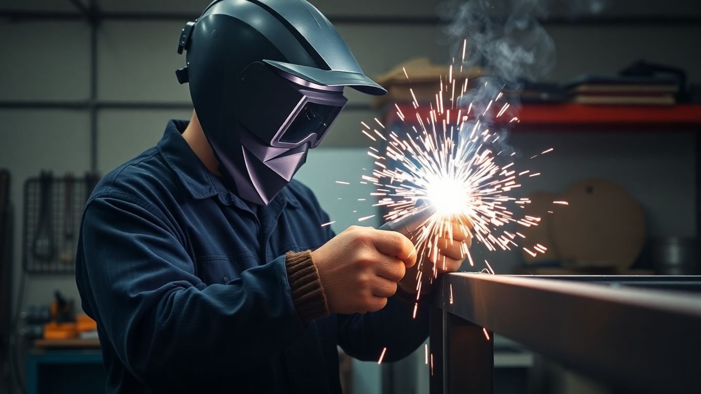 Welder working on metal with sparks flying.