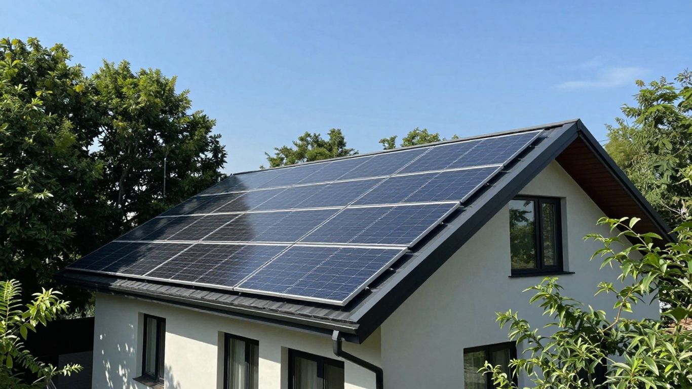 Maison avec panneaux solaires sur le toit sous le soleil.