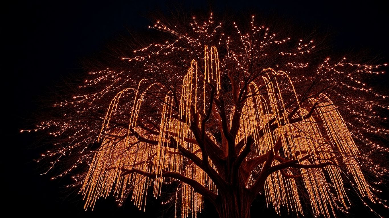 Ottawa tree illuminated with warm, twinkling lights at night.