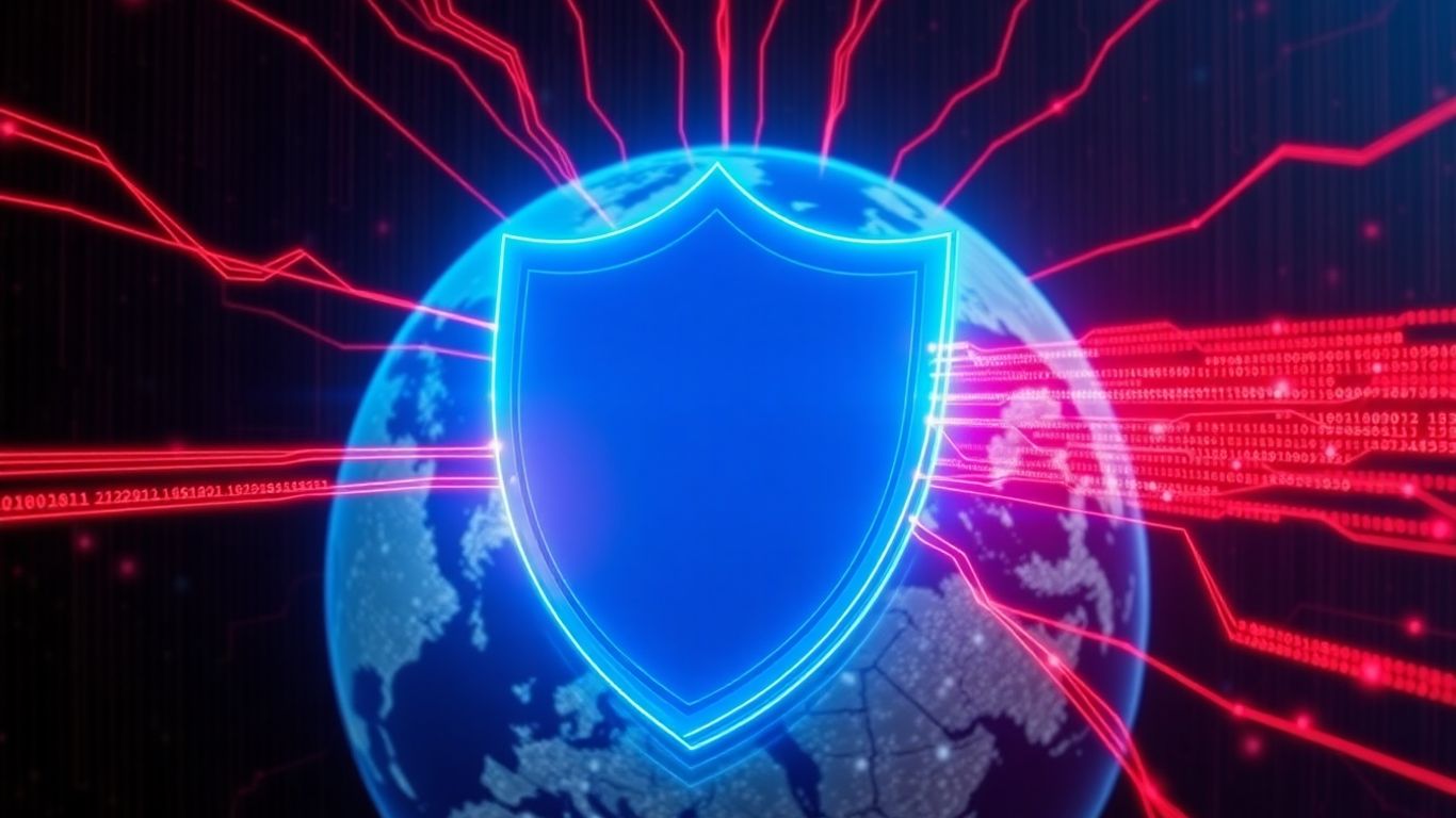 Digital shield blocking massive DDoS attack from botnet.