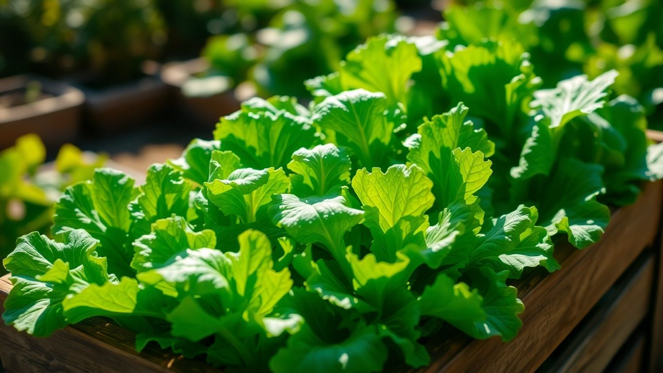 Freshly harvested green lettuce in a wooden crate.