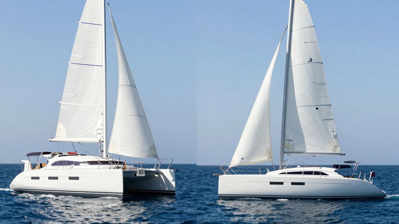 Catamaran and monohull sailboats on the water.