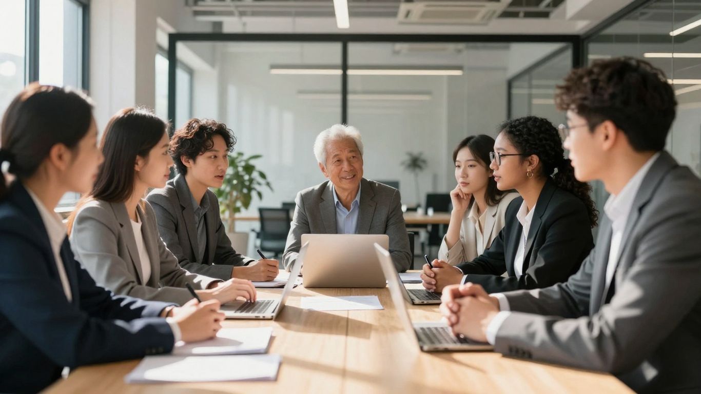 Business professionals collaborating in a modern office.