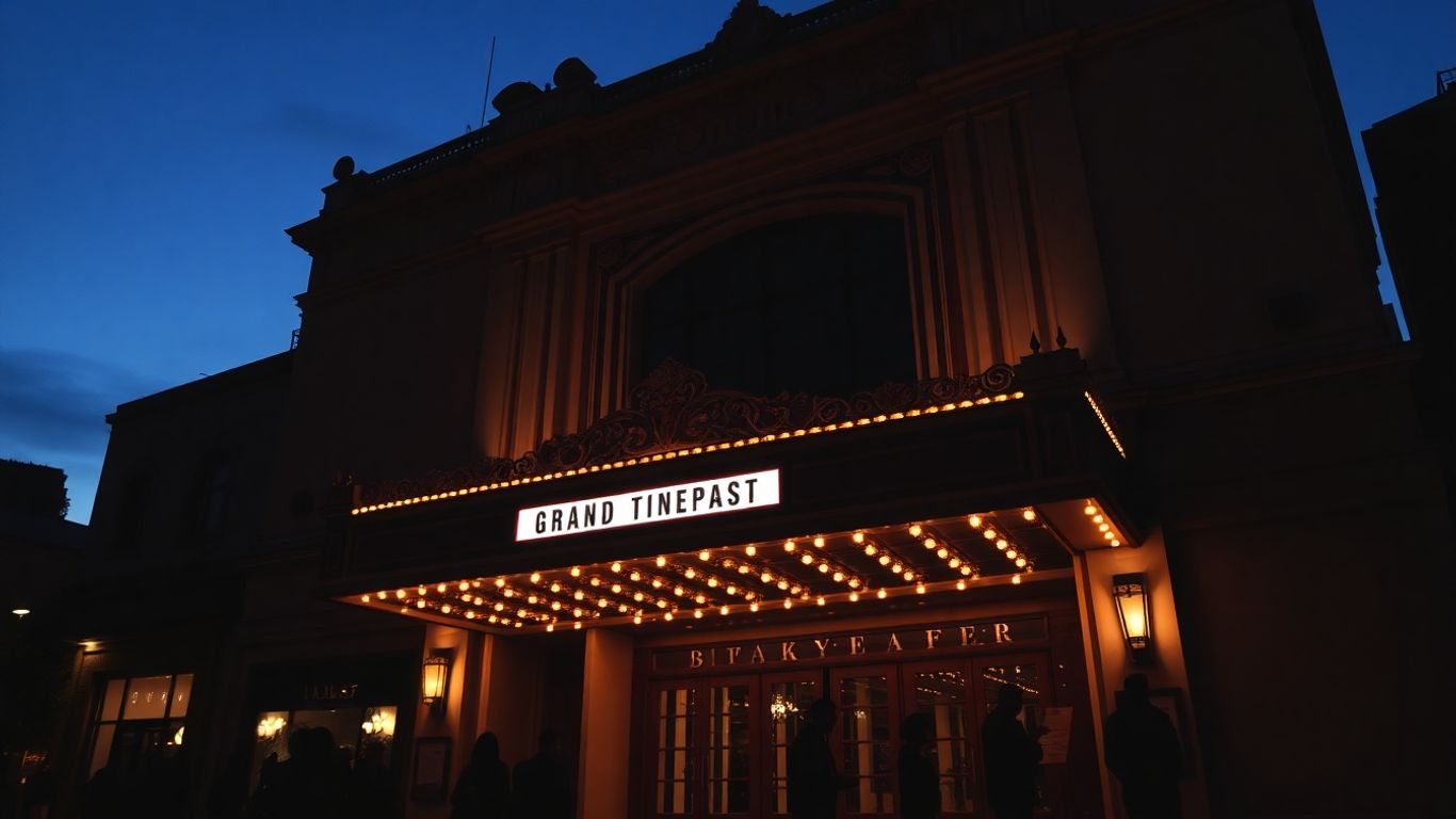 Fațada unui teatru elegant iluminat noaptea.