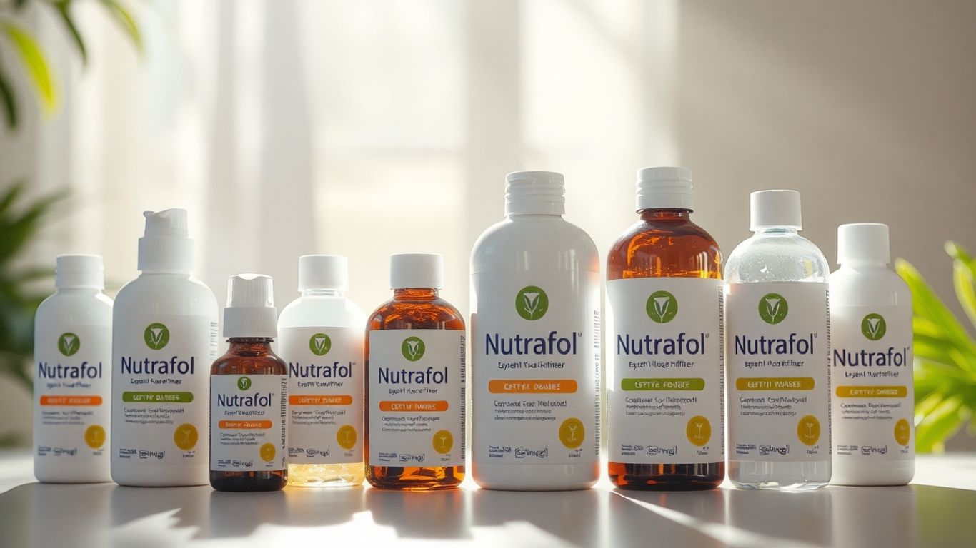 Nutrafol bottles with sunlight and blurred background.