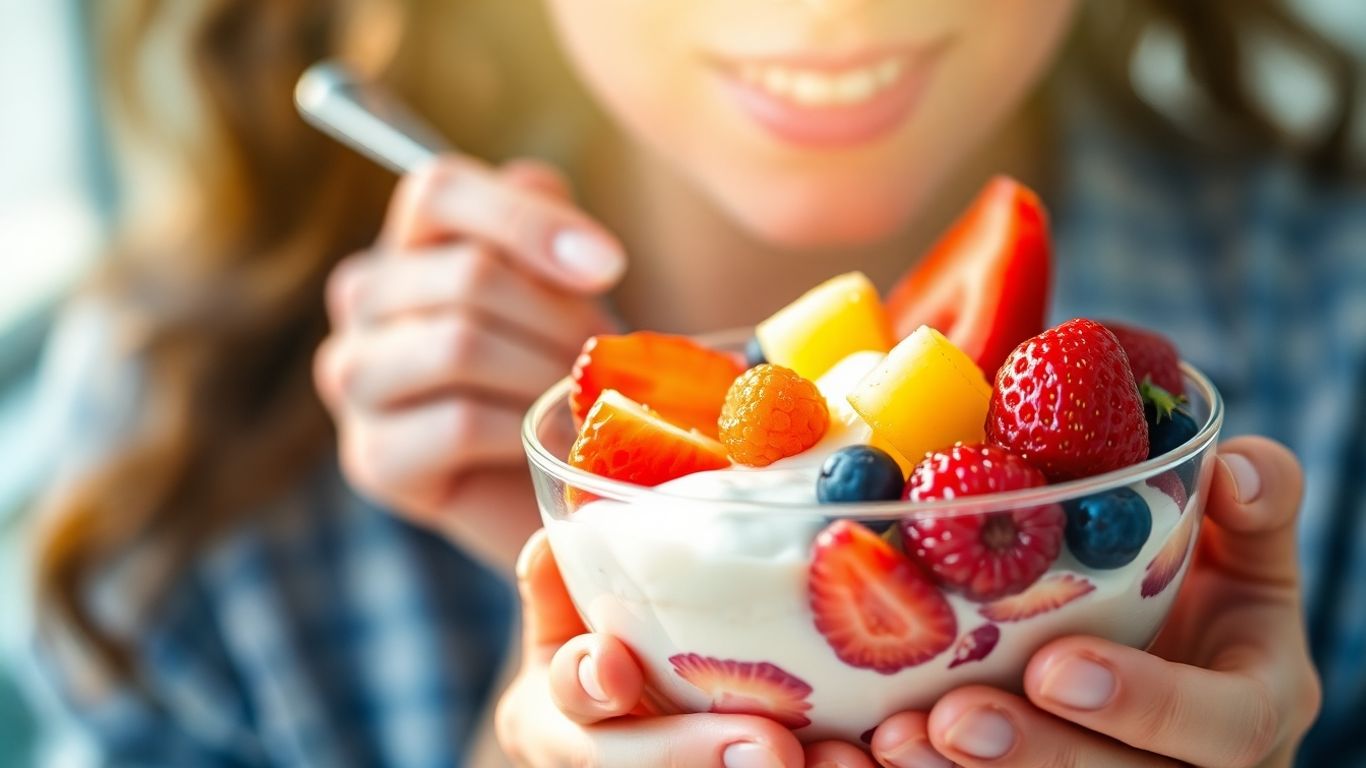 Person enjoying a healthy bowl of fruit and yogurt.