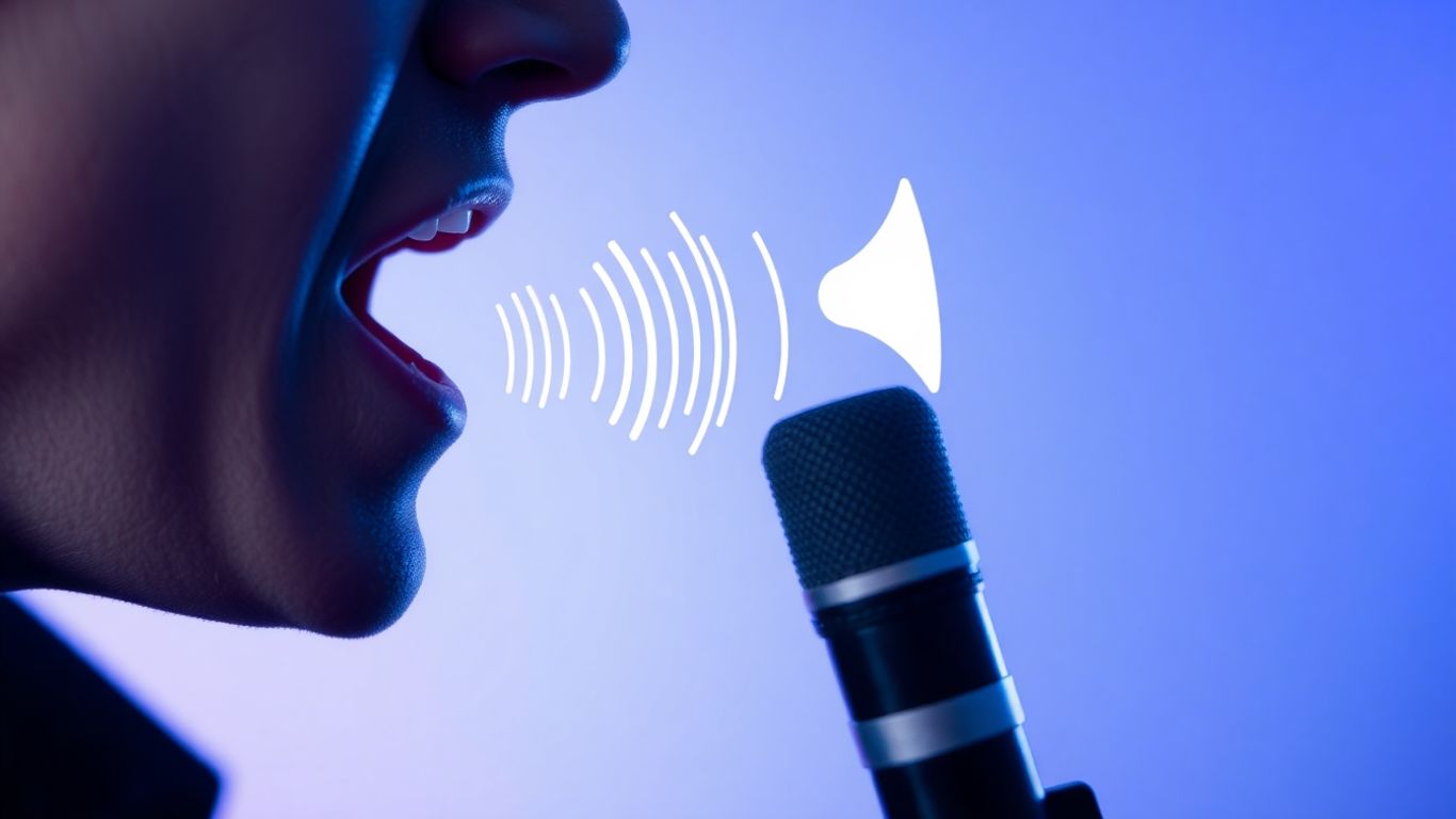 Person speaking into microphone, sound waves