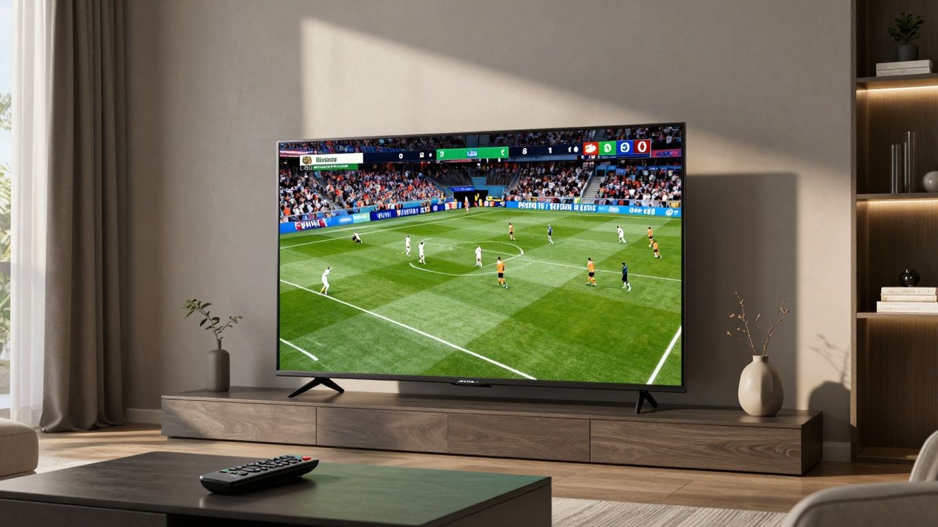 IPTV France 2026 | Salon moderne avec télévision diffusant du sport en haute définition.