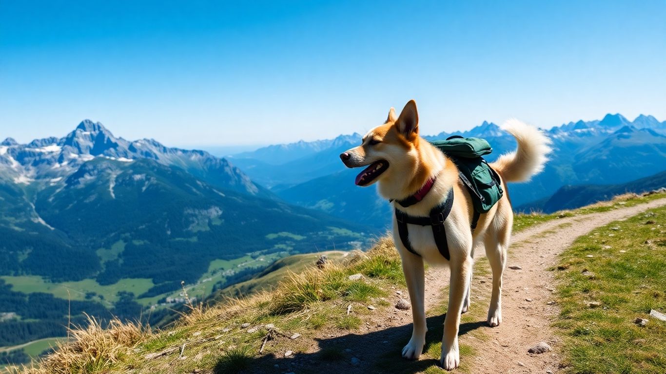 Hund wandert auf Bergpfad in den Alpen