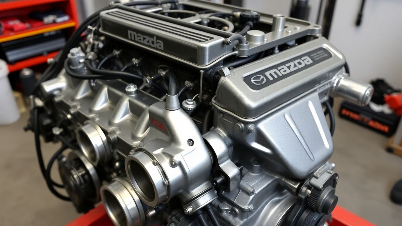 Rebuilt Mazda engine in a workshop.