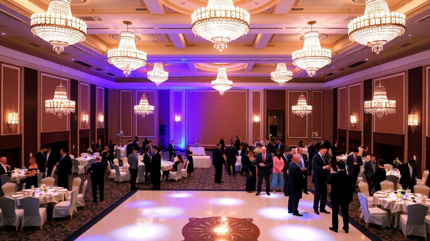 Elegant ballroom with chandeliers and guests