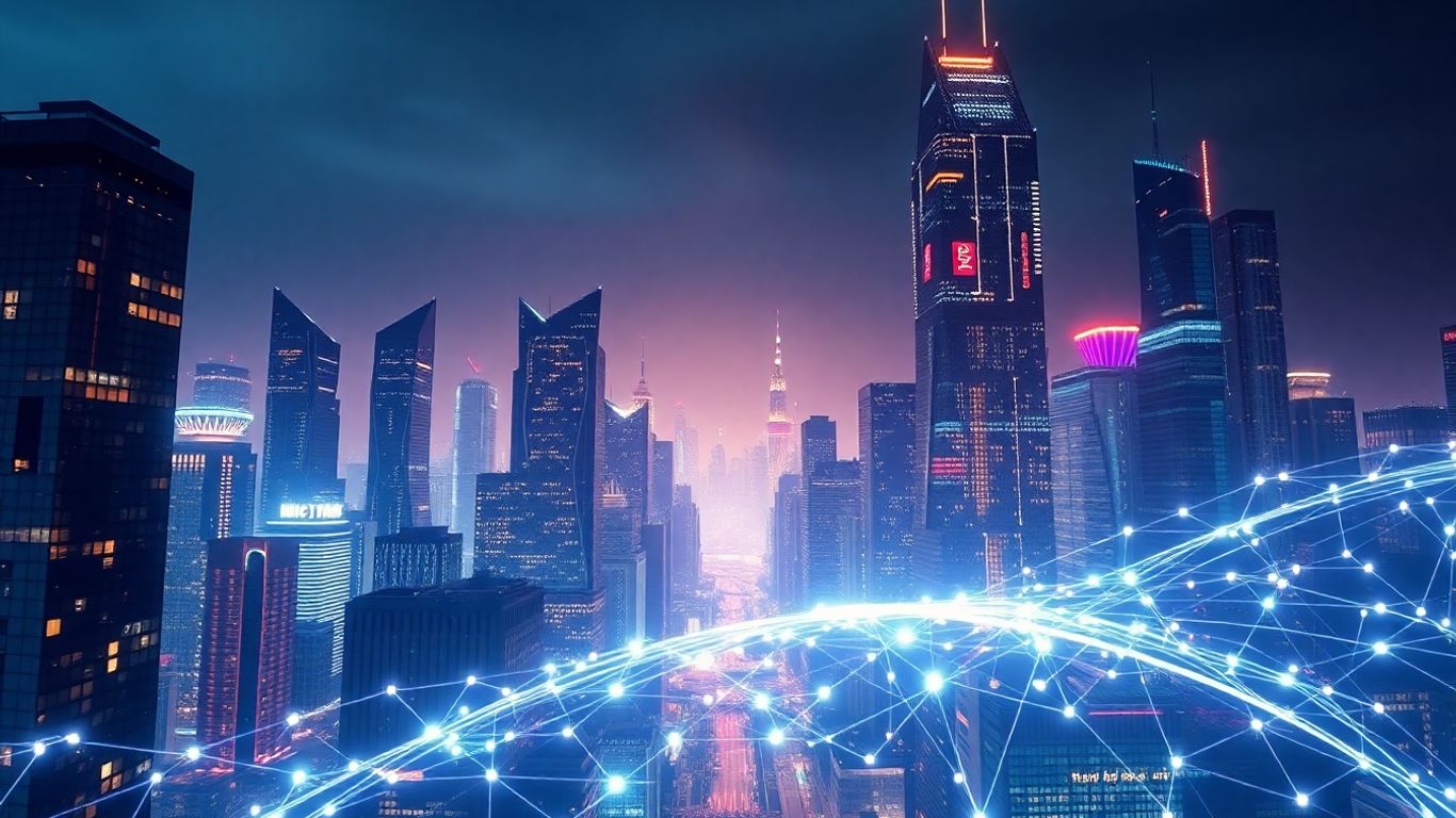 Futuristic cityscape with glowing data streams and AI patterns.