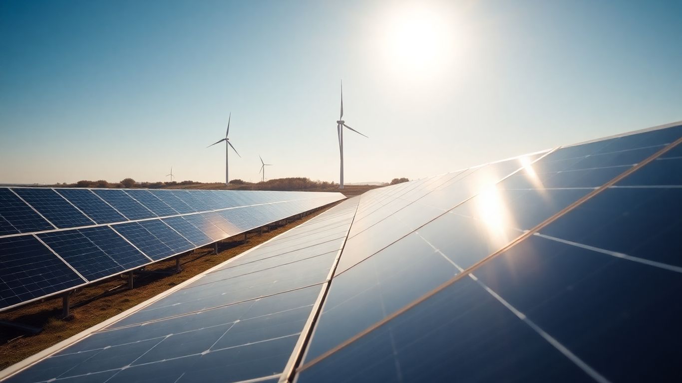 Panneaux solaires et éolienne sous un ciel bleu.