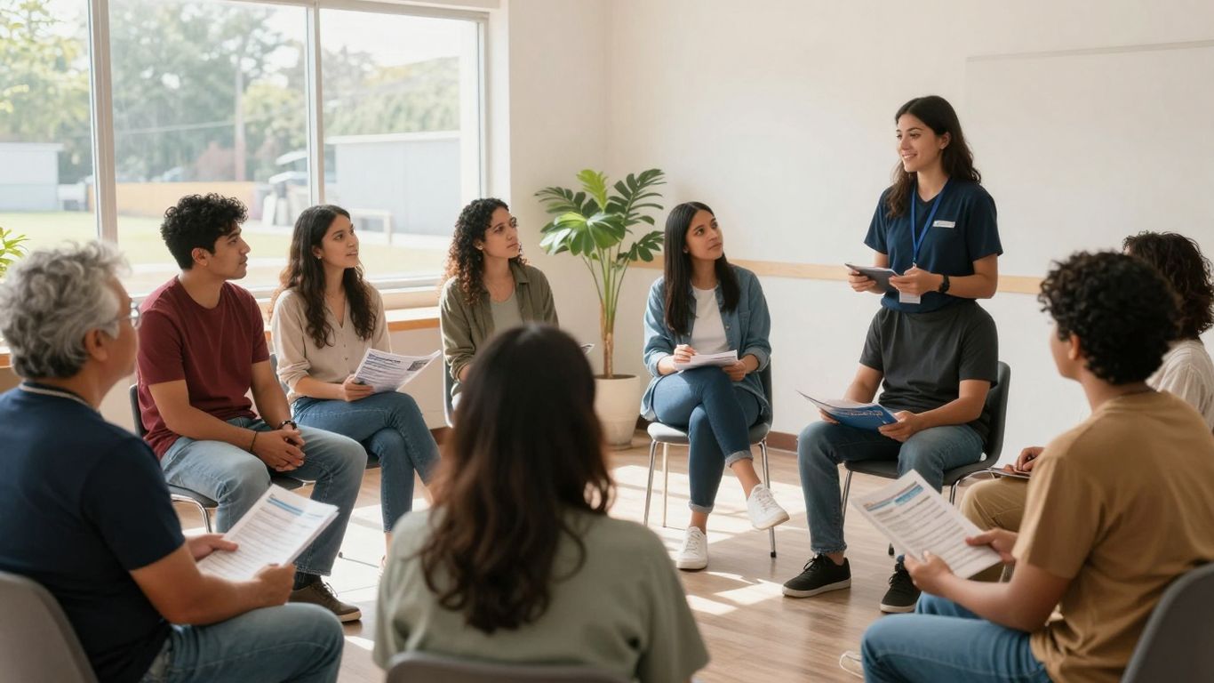 People interacting in a welcoming community center.