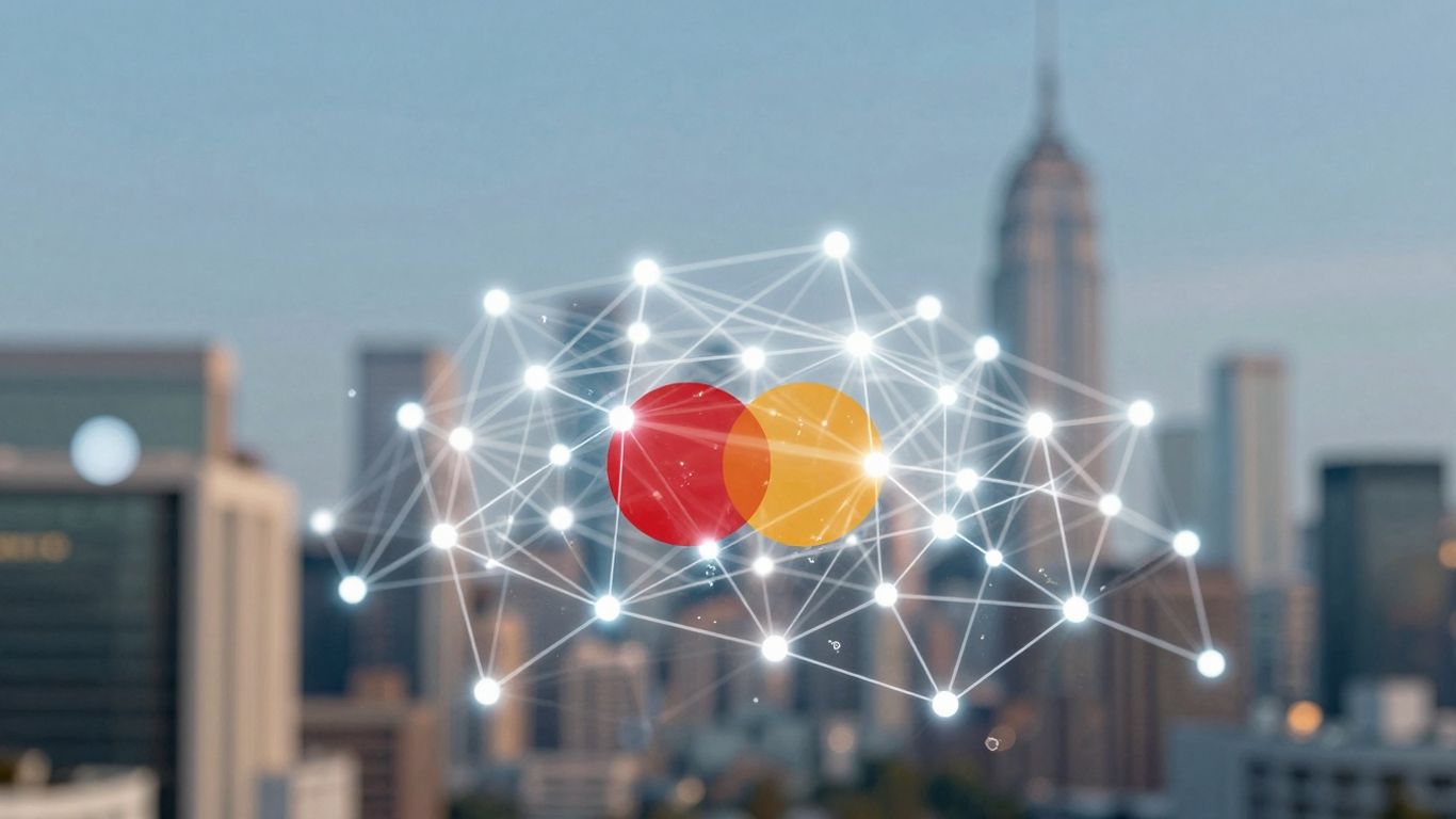 Mastercard logo integrated into a futuristic blockchain network.