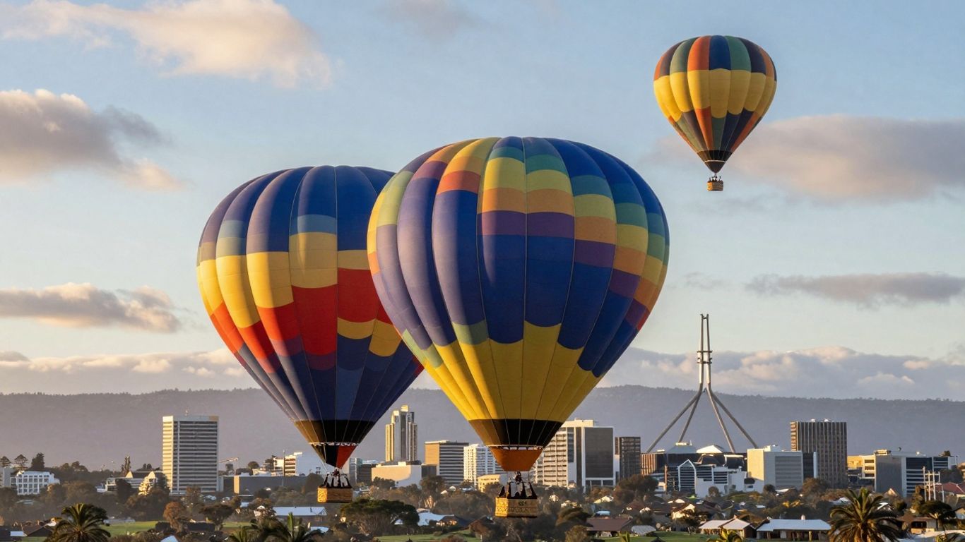Hot air balloon floating over Canberra at sunrise.