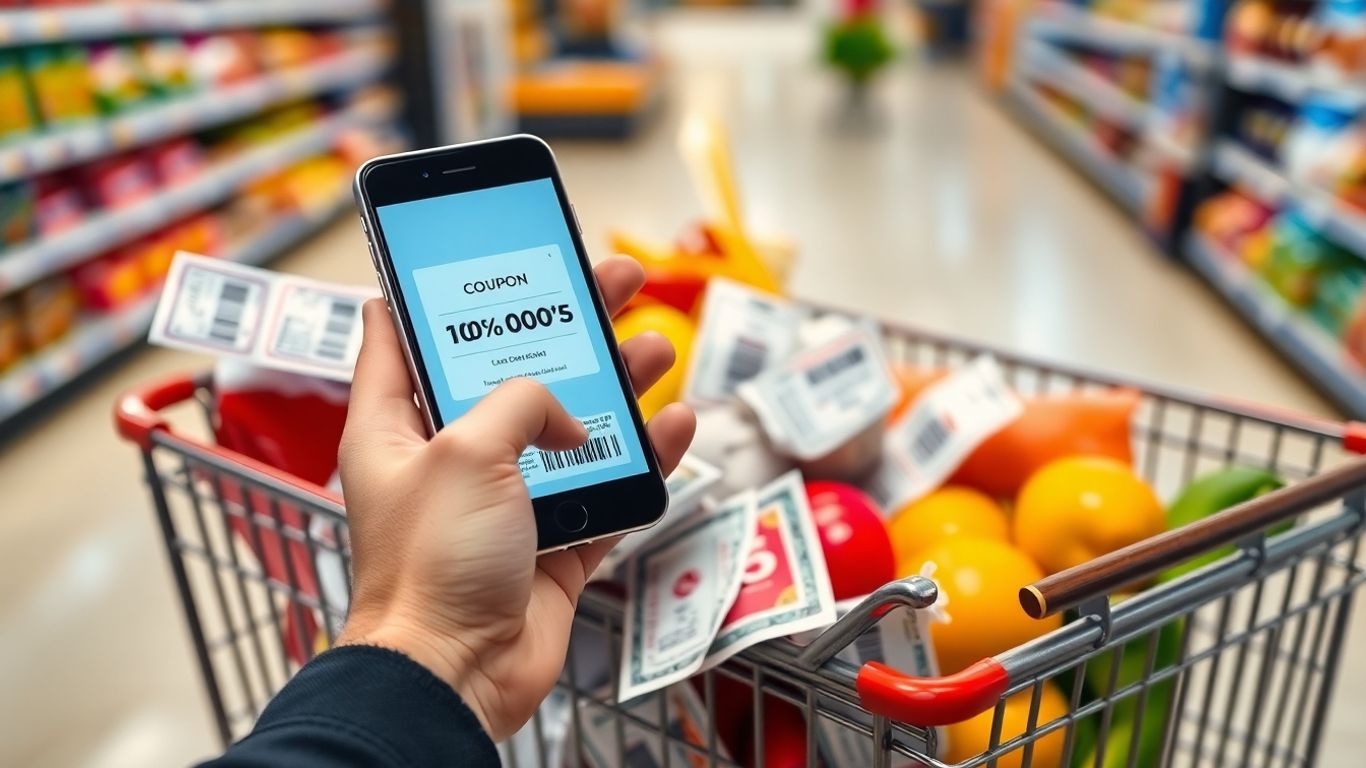 Hand holding phone with coupon, shopping cart, groceries.
