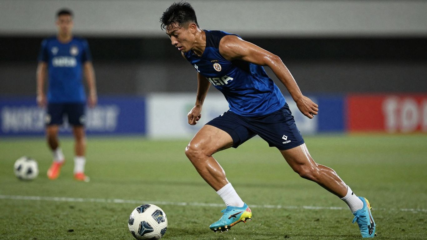 Fotbalist în acțiune, antrenament intens pe teren.