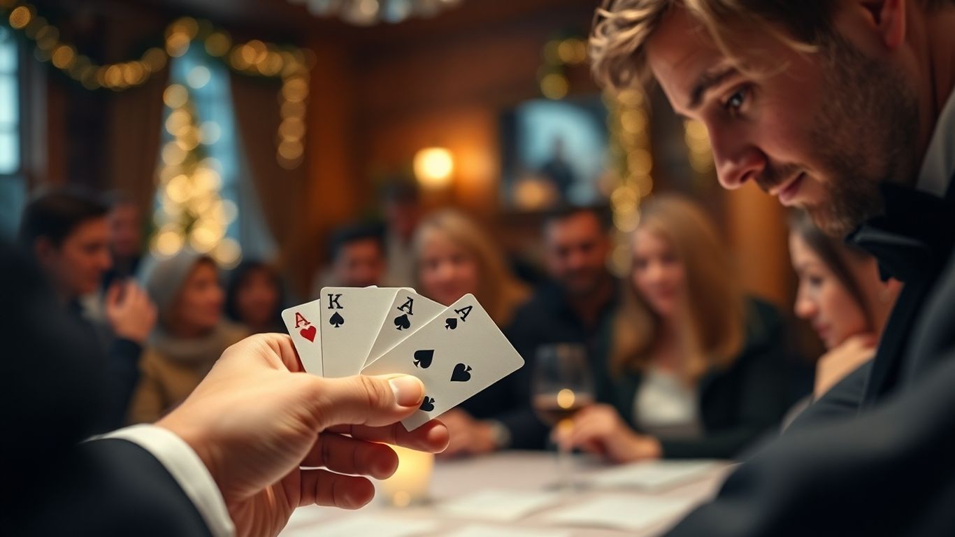 Magician performing close-up magic at a winter gathering.