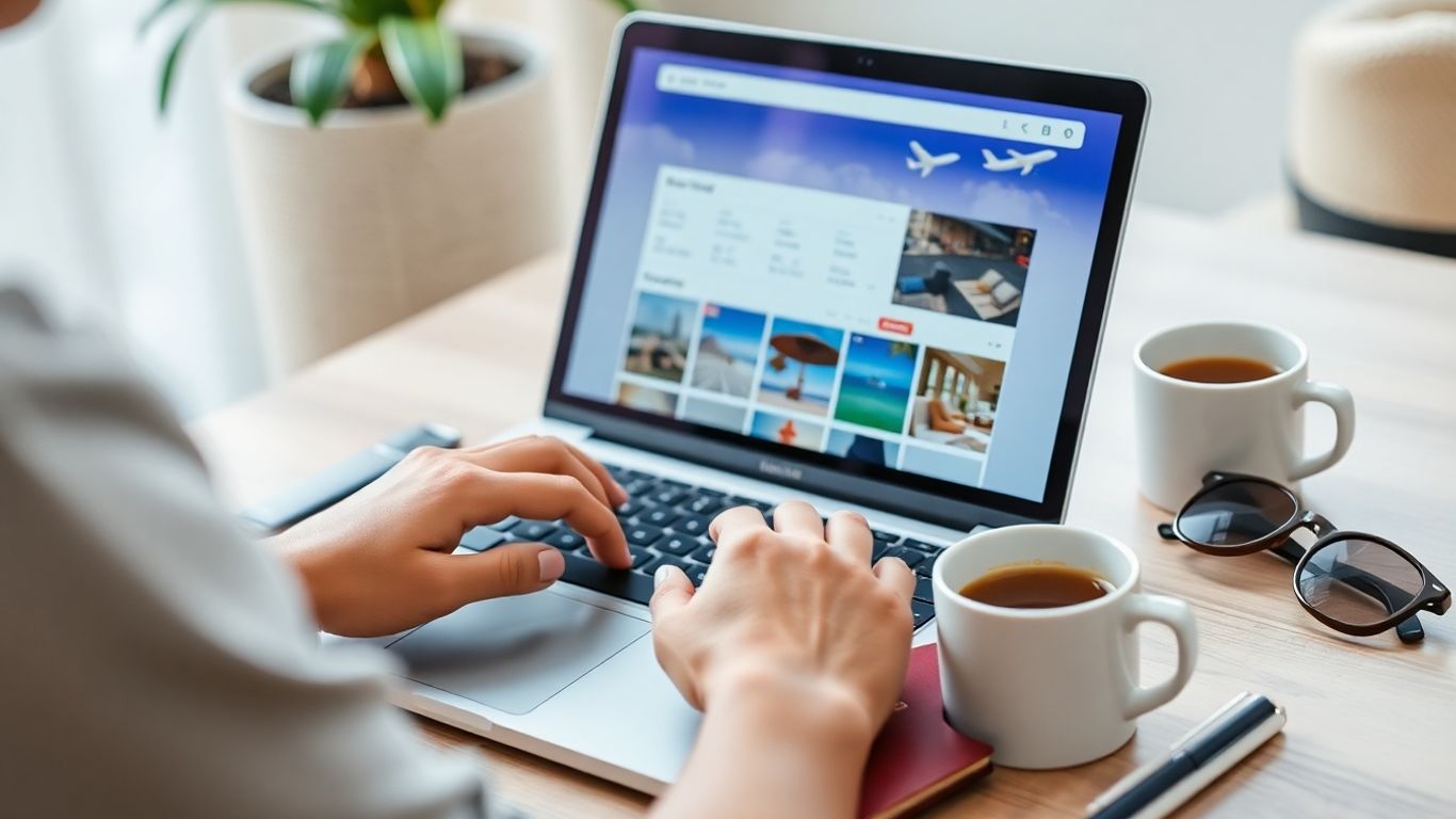 Person using laptop to search holiday destinations online