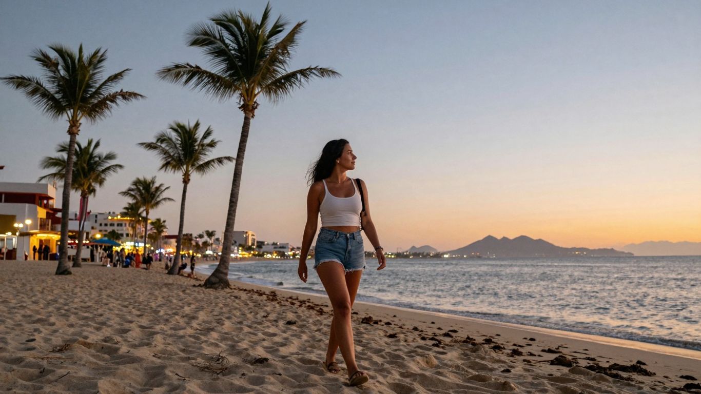 Solo traveler on Cabo beach at sunset.