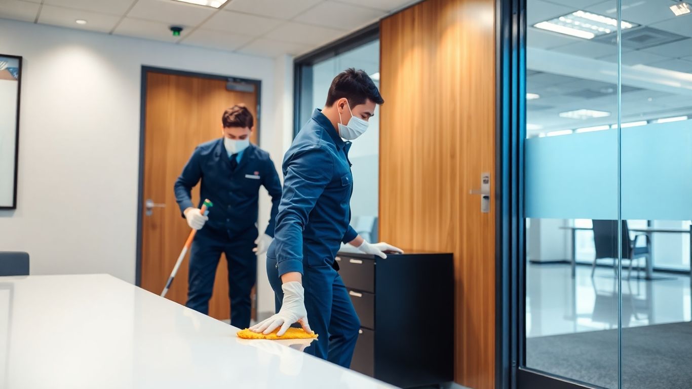 Professional cleaners sanitizing a germ-free office space.