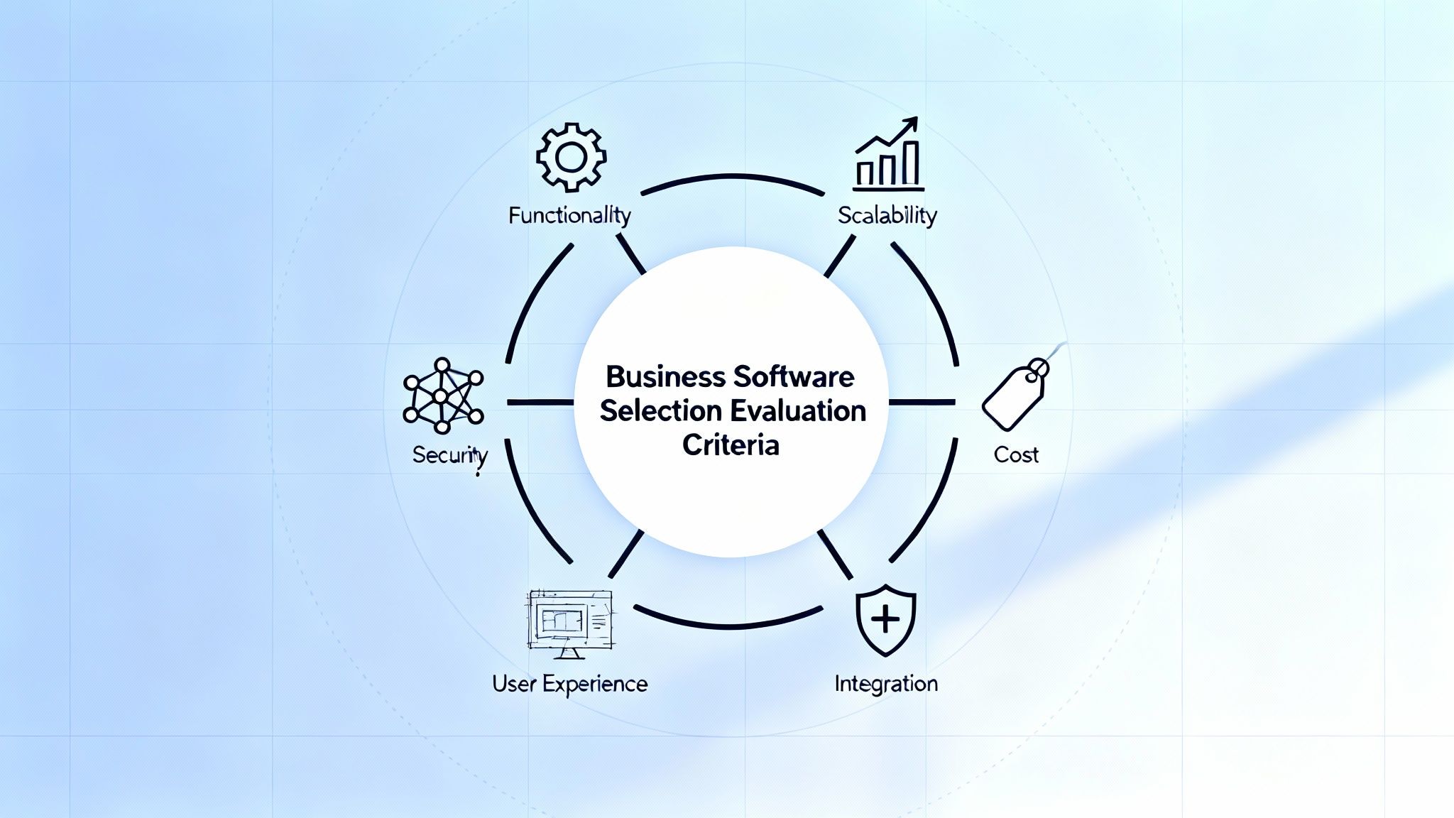 Conceptual image representing evaluation criteria for business software selection