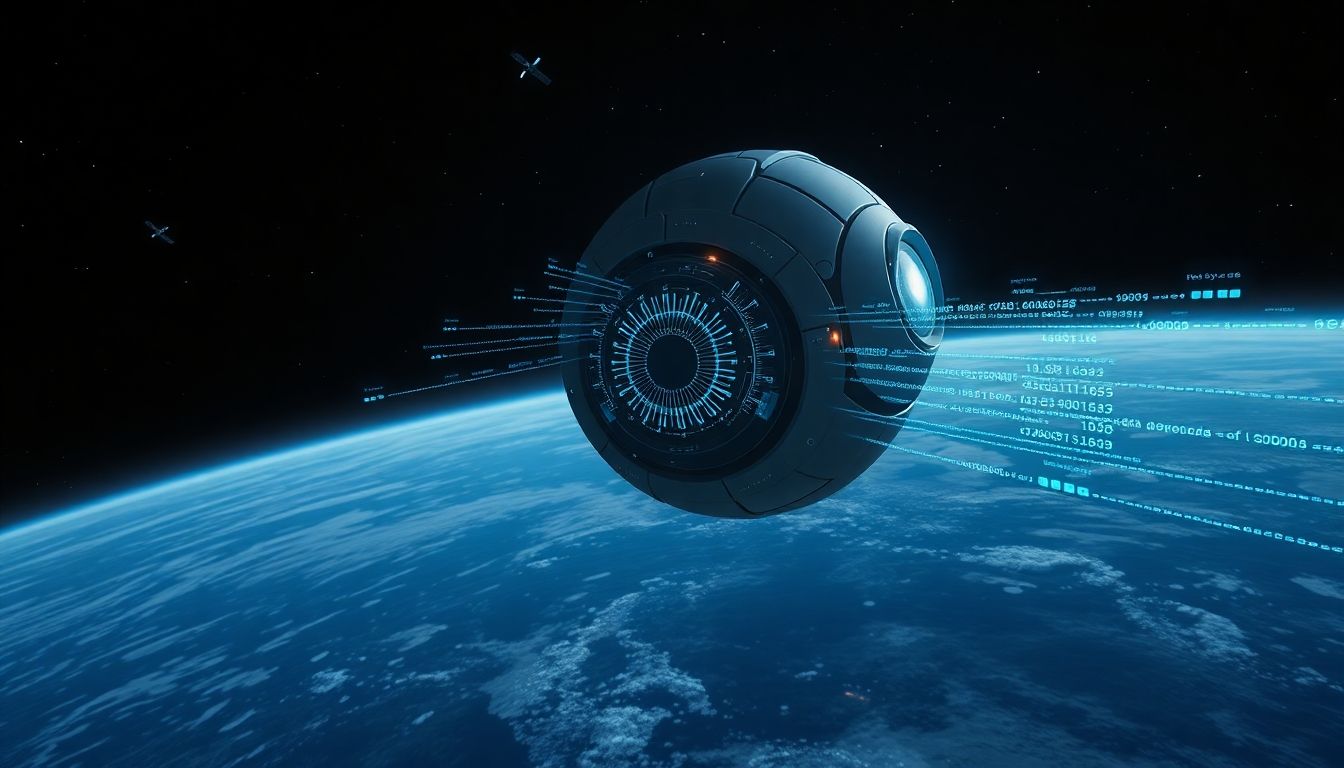 AI eye watching satellites and data streams in space