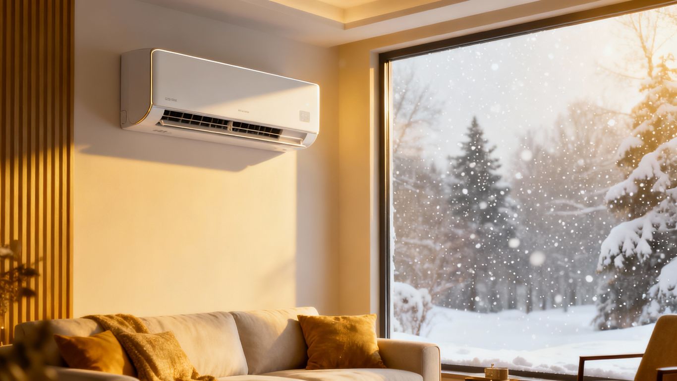 Mini split unit in a warm room with snow outside.