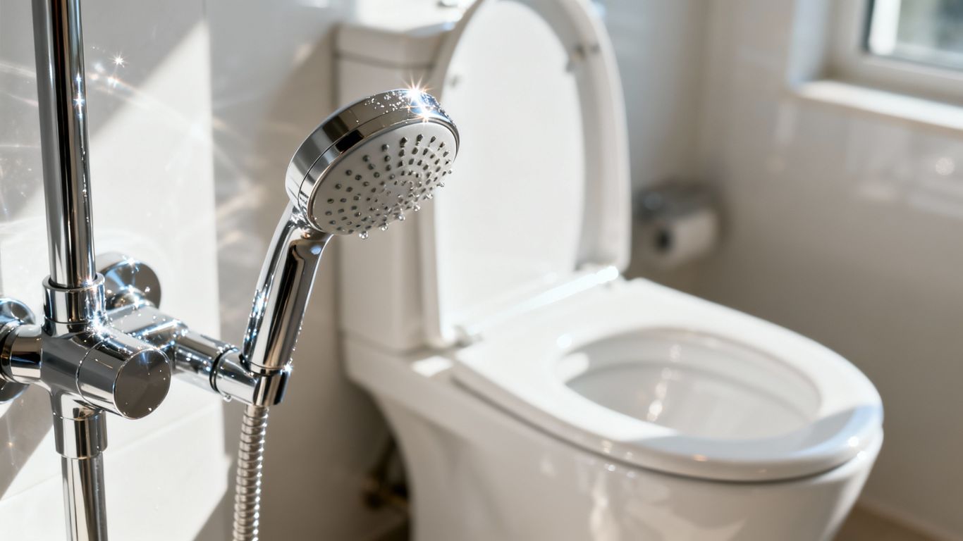 Čistá sprchová hlavica a toaletná misa bez vodného kameňa.