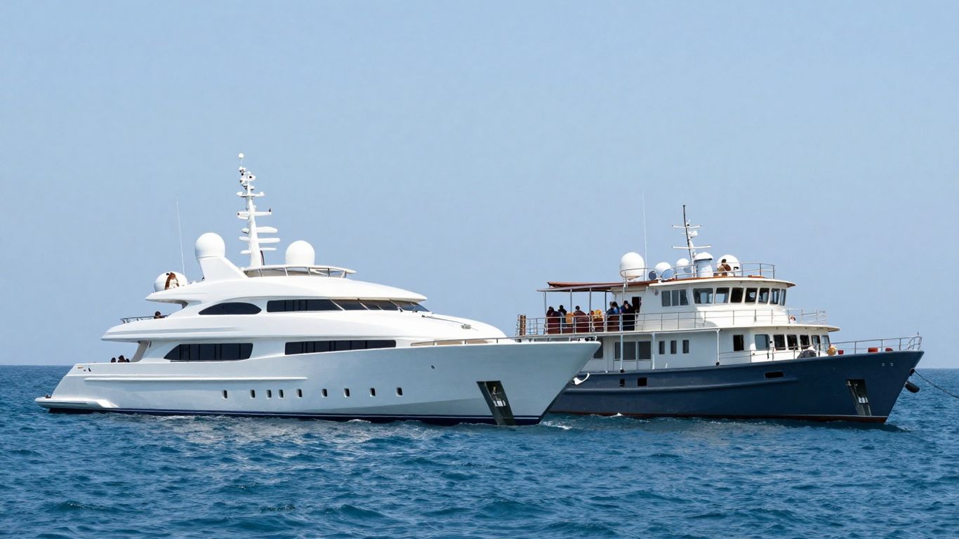 Mega-yacht and explorer yacht comparison on water.
