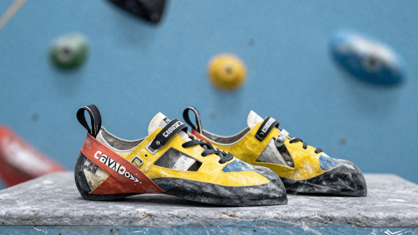 Beginner climbing shoes on a textured wall.