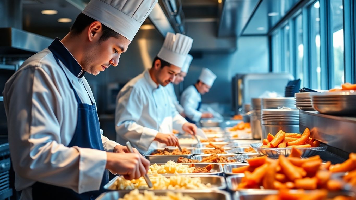 Große Events flexibel abdecken: Wie ein Gastronomiebetrieb mit Werkvertrag Kosten senkte Gastronomen bereiten Essen in einer modernen Küche zu.