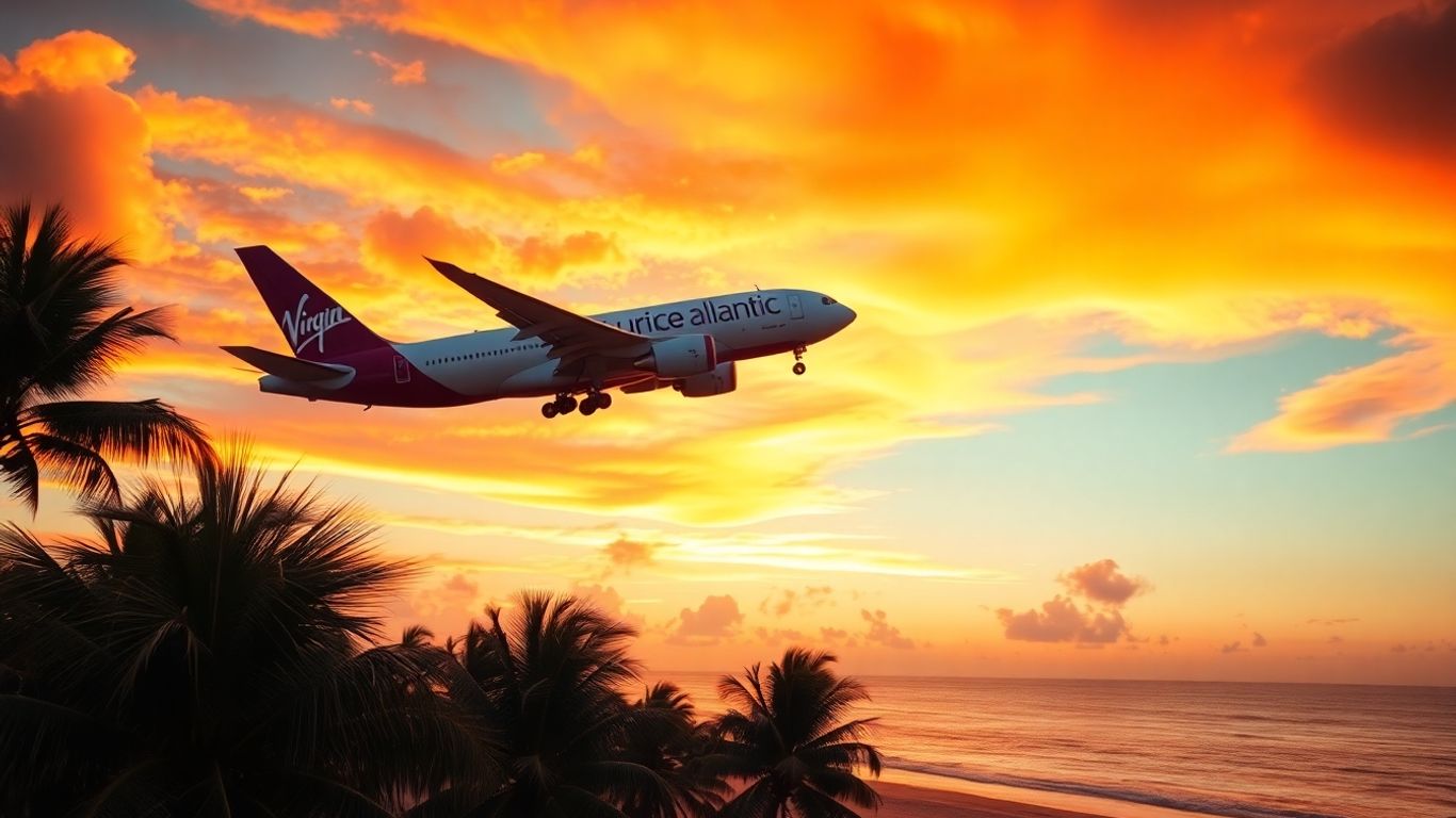 Virgin Atlantic plane flying over a tropical beach at sunset.