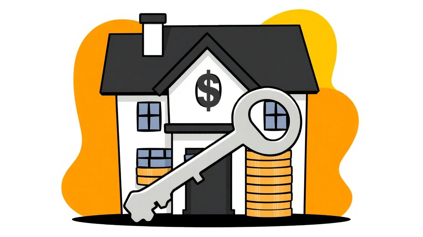 Cartoon house with key and coins, representing land equity loan.