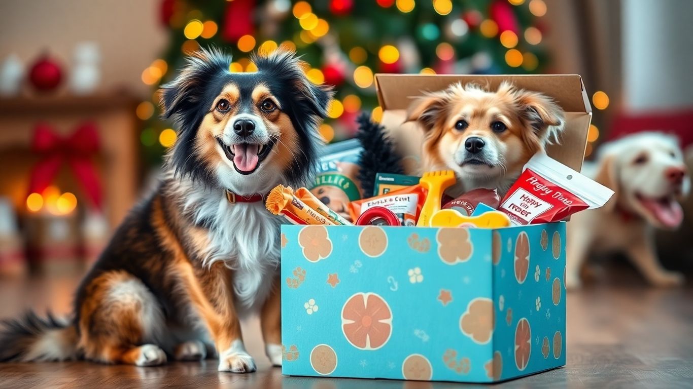 Dog with holiday toys and treats from a subscription box.