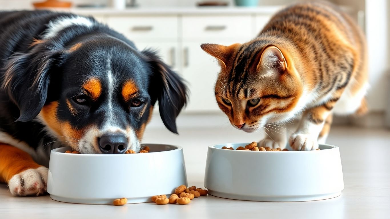 Dog and cat eating from food bowls.