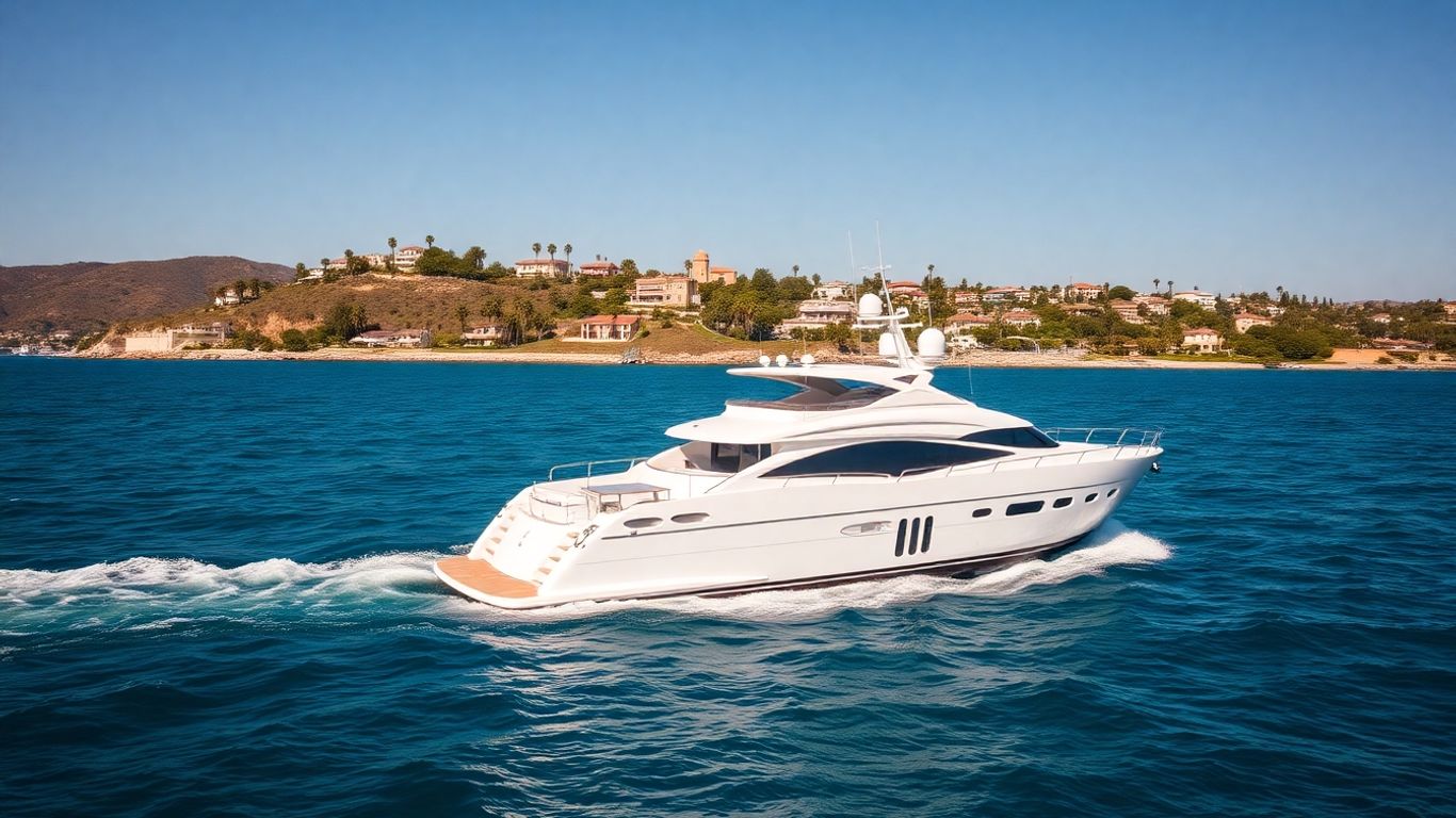 Luxury yacht sailing California coast with scenic views.