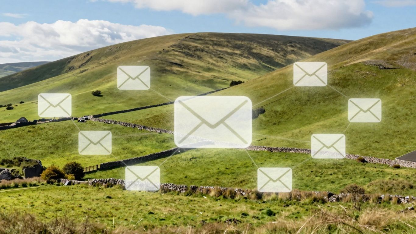Irish landscape with digital communication overlay.