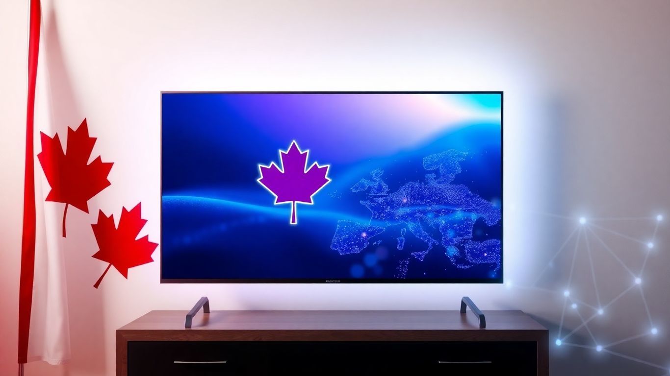 Canadian flag and modern TV screen with streaming content.wehre can i find iptv in canada