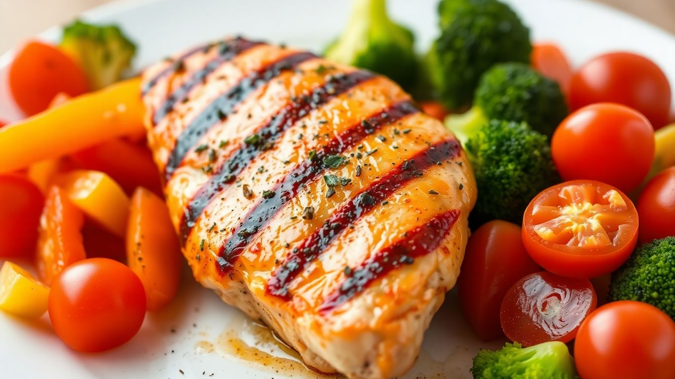 Heart-healthy grilled chicken breast with fresh vegetables.