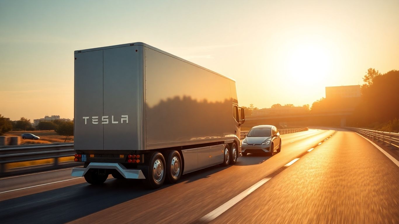 Tesla Semi truck and Uber car on highway.