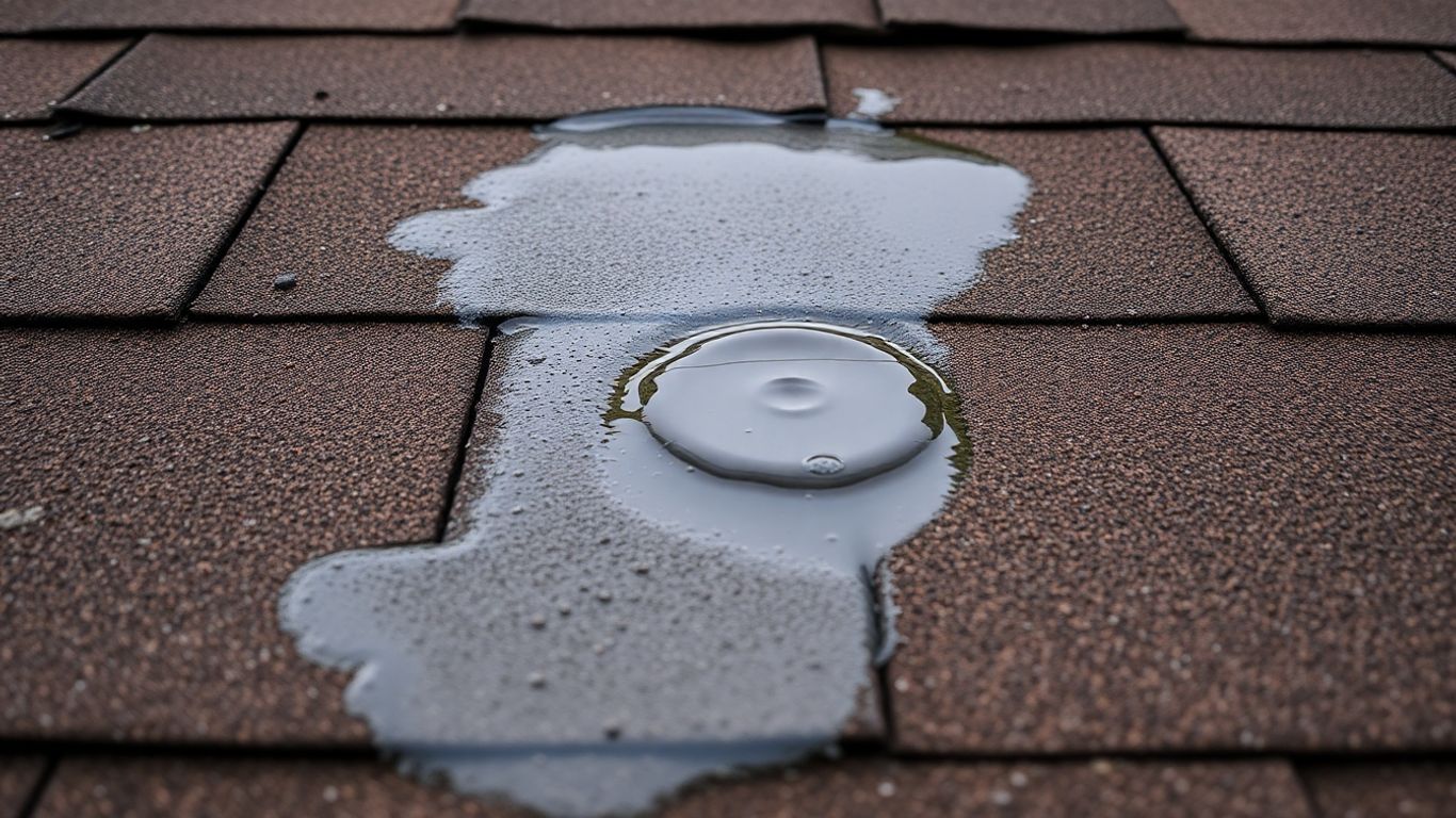 Damaged roof section with water stains and puddle.