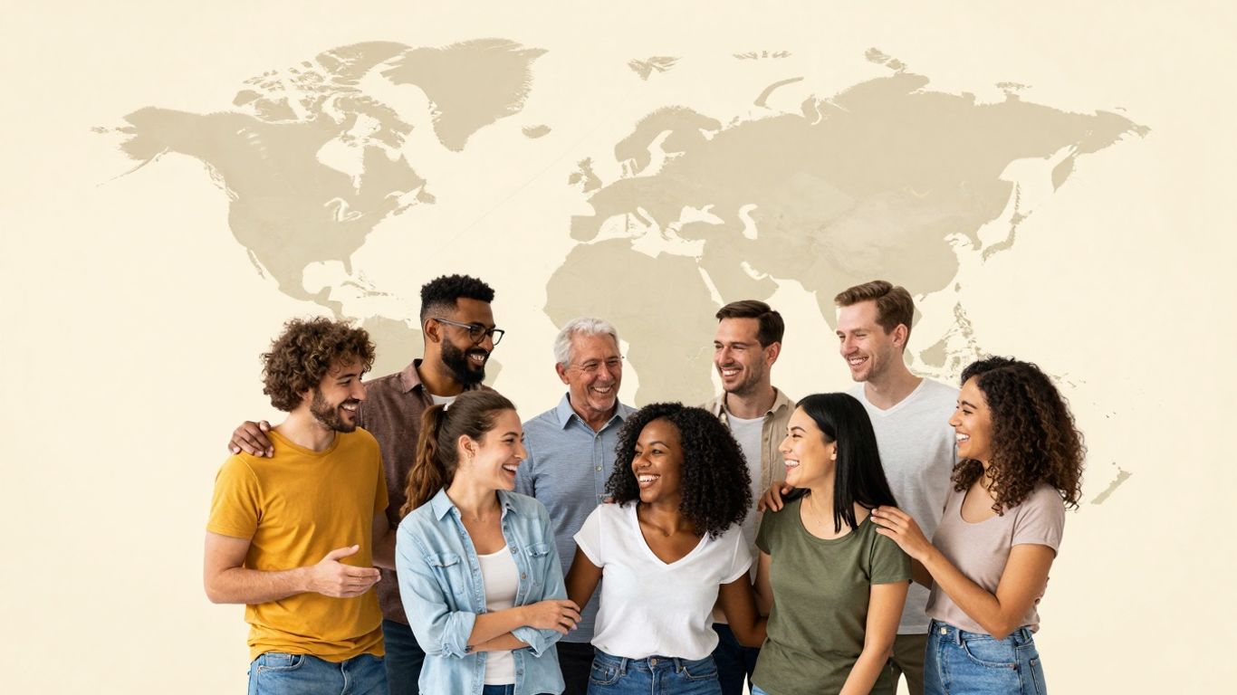 Diverse global community celebrating together, world map background.