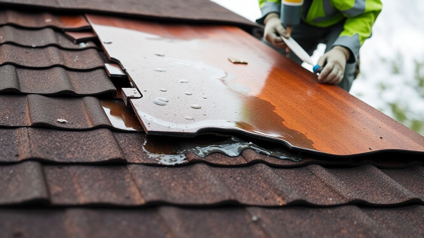 Roof leak repair in progress with sealant application.