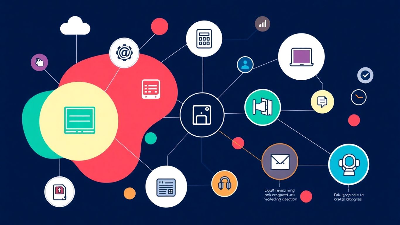 Infographic of interconnected digital icons and abstract shapes.