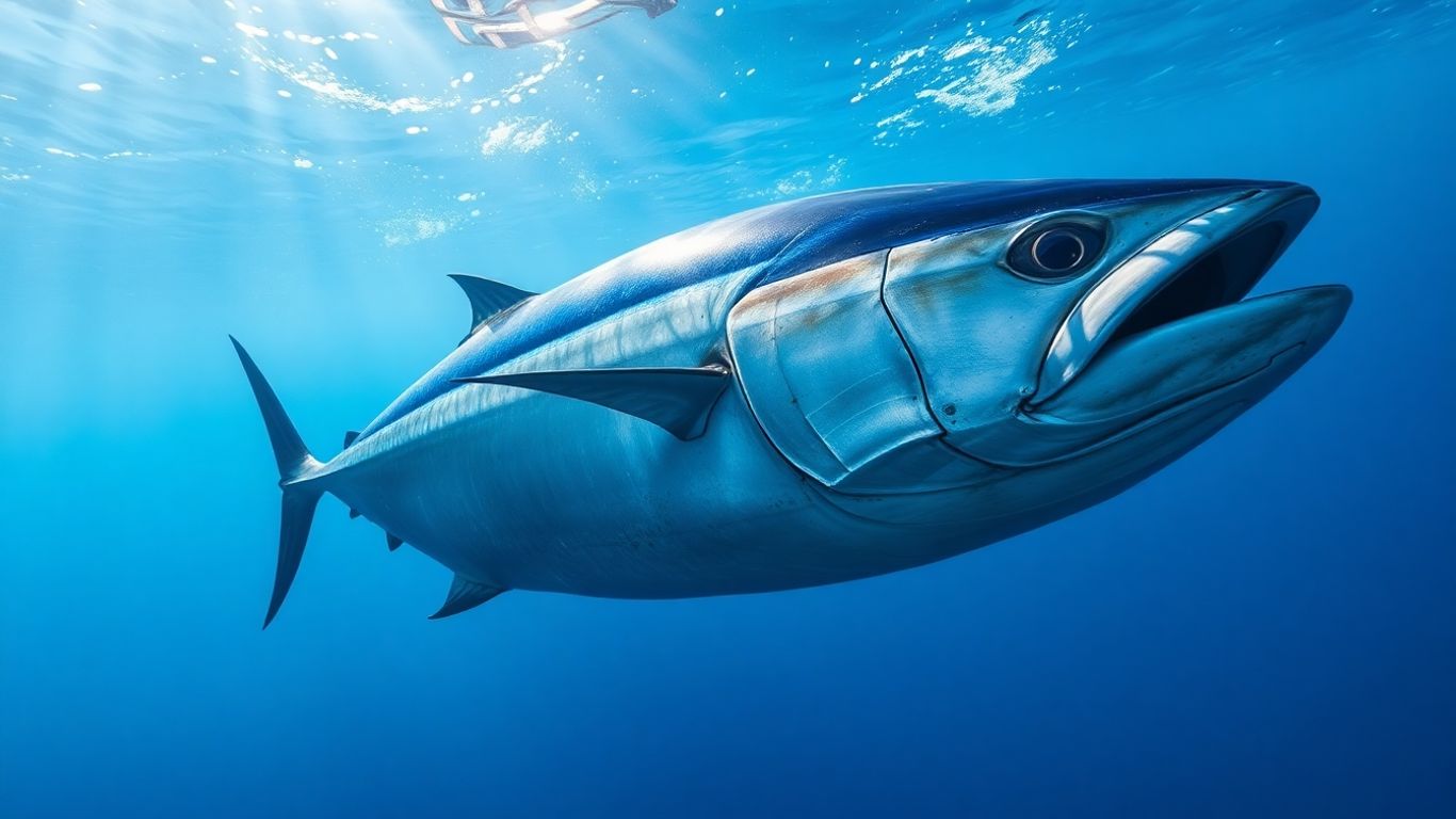 Atum nadando em águas azuis claras.