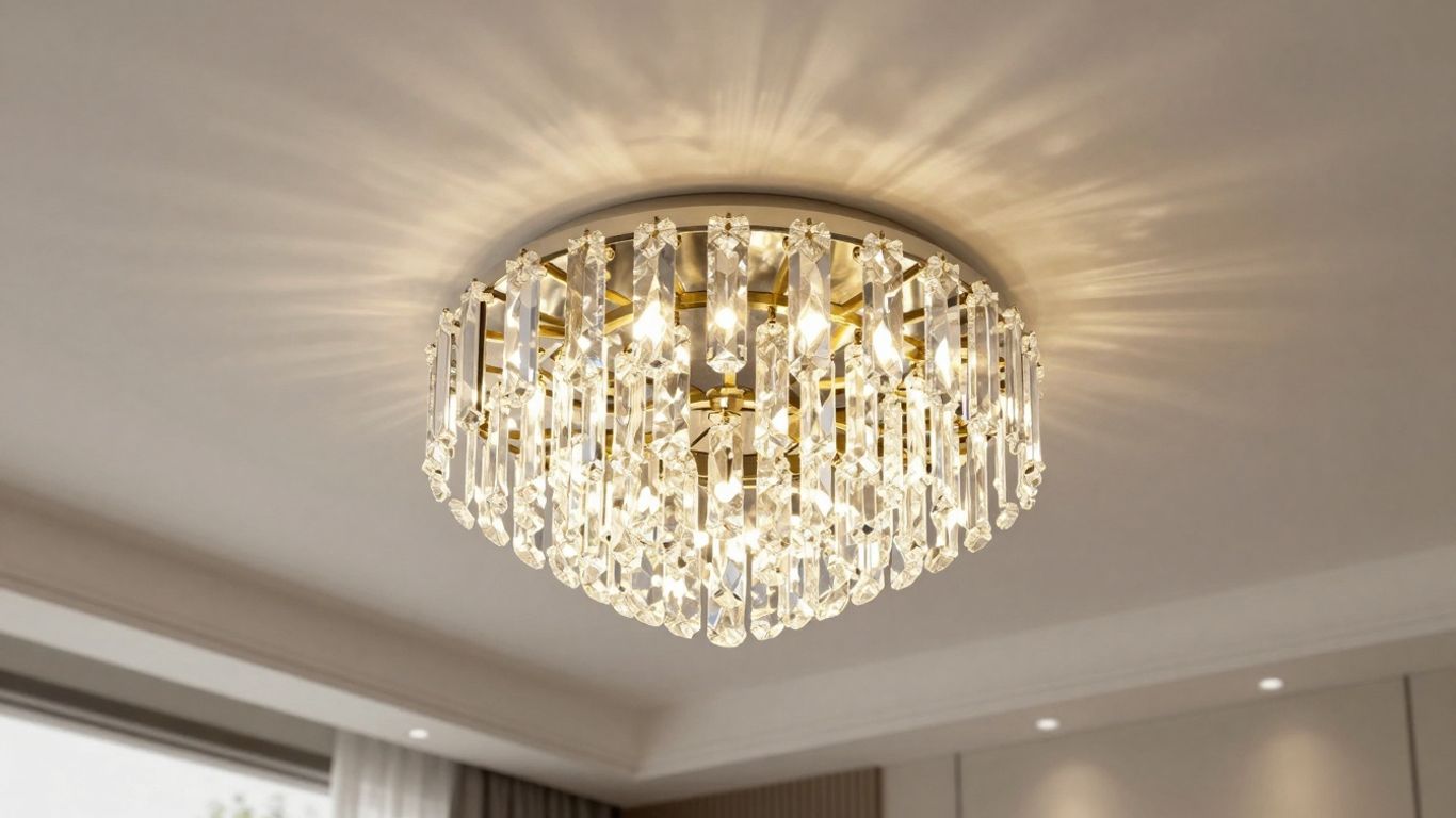 Elegant bedroom ceiling light fixture with crystal details.
