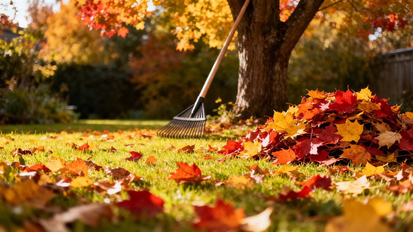 Autumn lawn with fallen leaves and a rake.