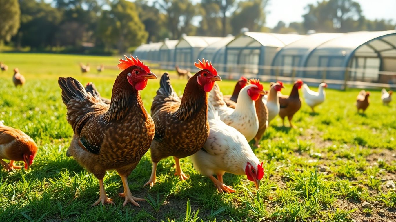 Australian poultry farm with chickens and modern sheds.